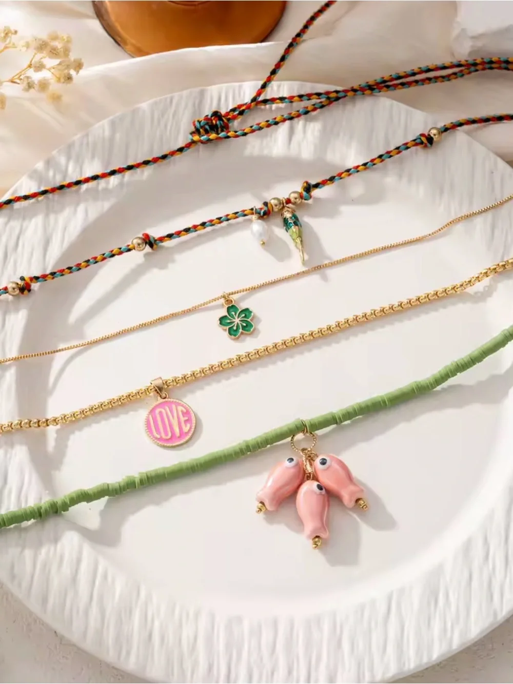 Gold Pink 'Love' Charm Necklace Layered Set